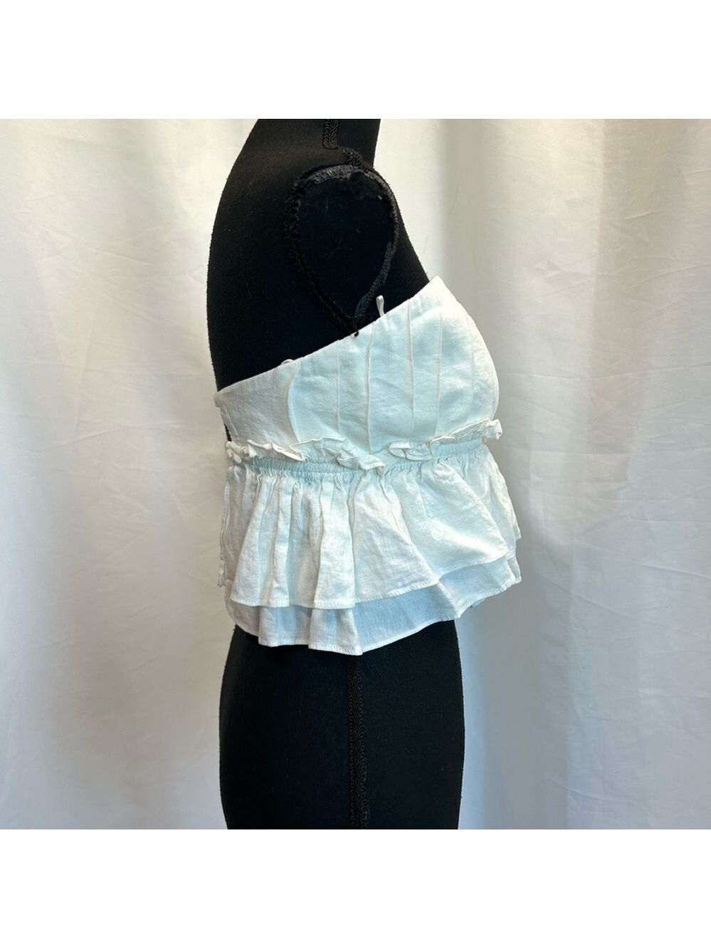 Zara white pleated ruched layered ruffle frill strapless open back top blouse M - Picture 4 of 14